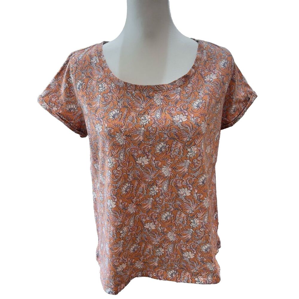 J.Jill Everyday Cotton Tee Orange Paisley Floral Boho Casual Scoop Neck Top SP